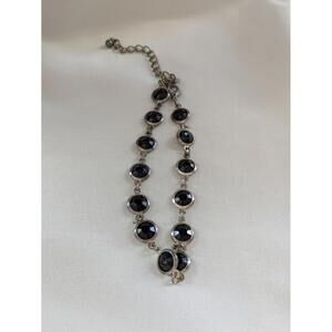 Dainty Black Onyx Link Bracelet, Sterling Silver Style, Used Good